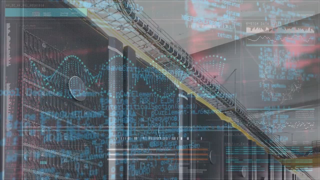animación del procesamiento de datos con cadena de adn sobre la sala del servidor