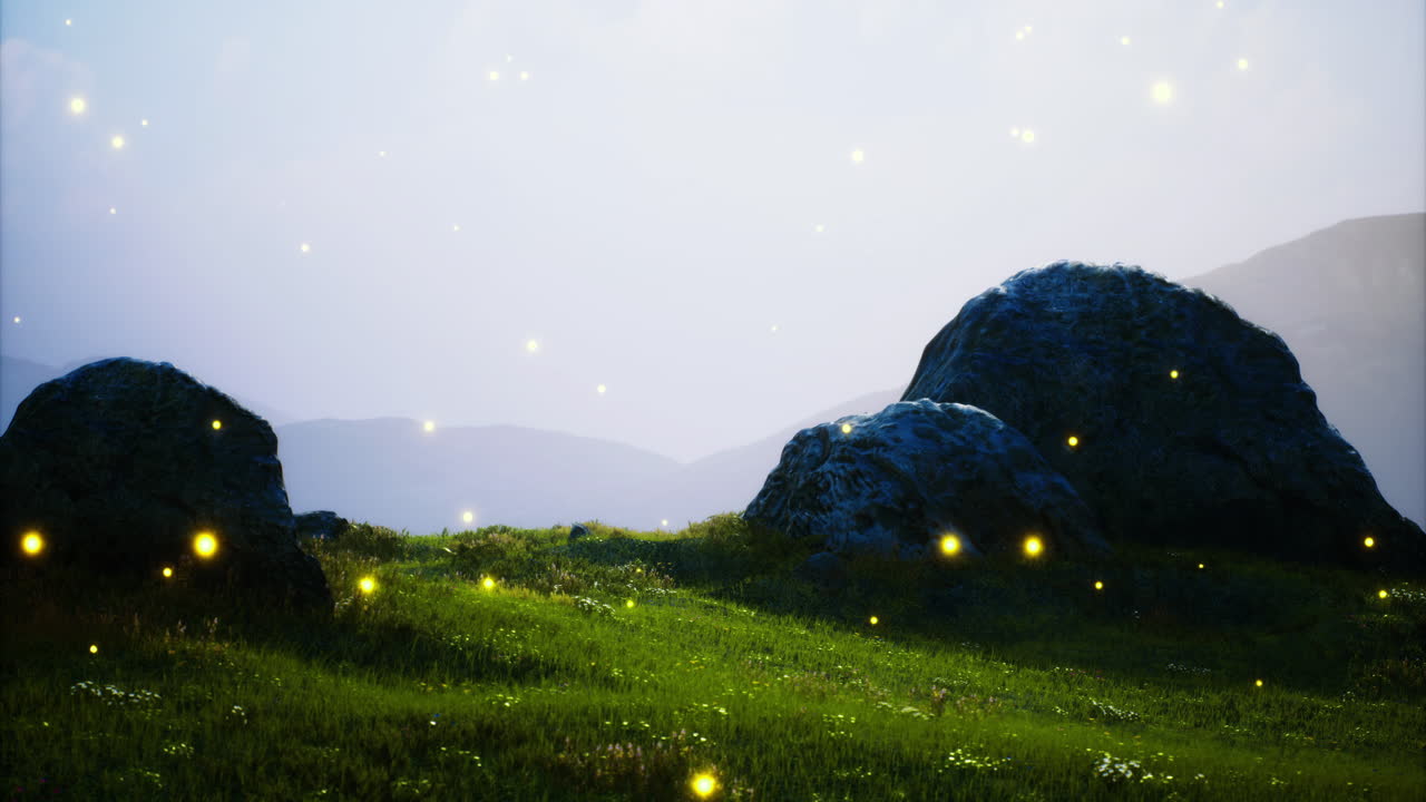 Magical landscape with glowing lights surrounding large rocks at dusk