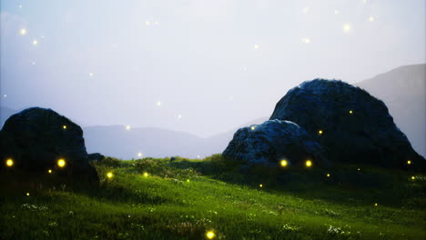 magical landscape with glowing lights surrounding large rocks at dusk