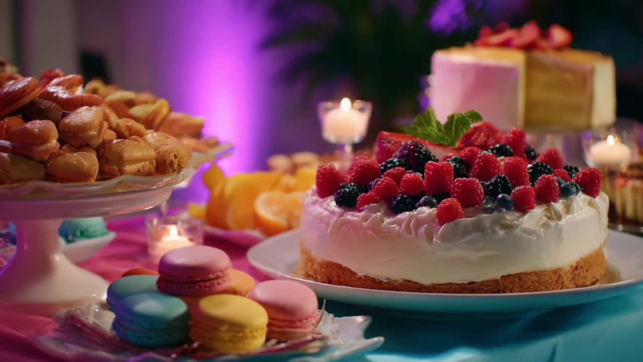 A Colorful Dessert Table Overflowing with Edibles, Featuring a Creamy Cheesecake Topped with Berries, Vibrant Macarons, Soft Pastries, and Fresh Fruits Perfect for a Celebration or Gathering