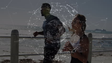 animation of network of connections over woman and man exercising outdoors