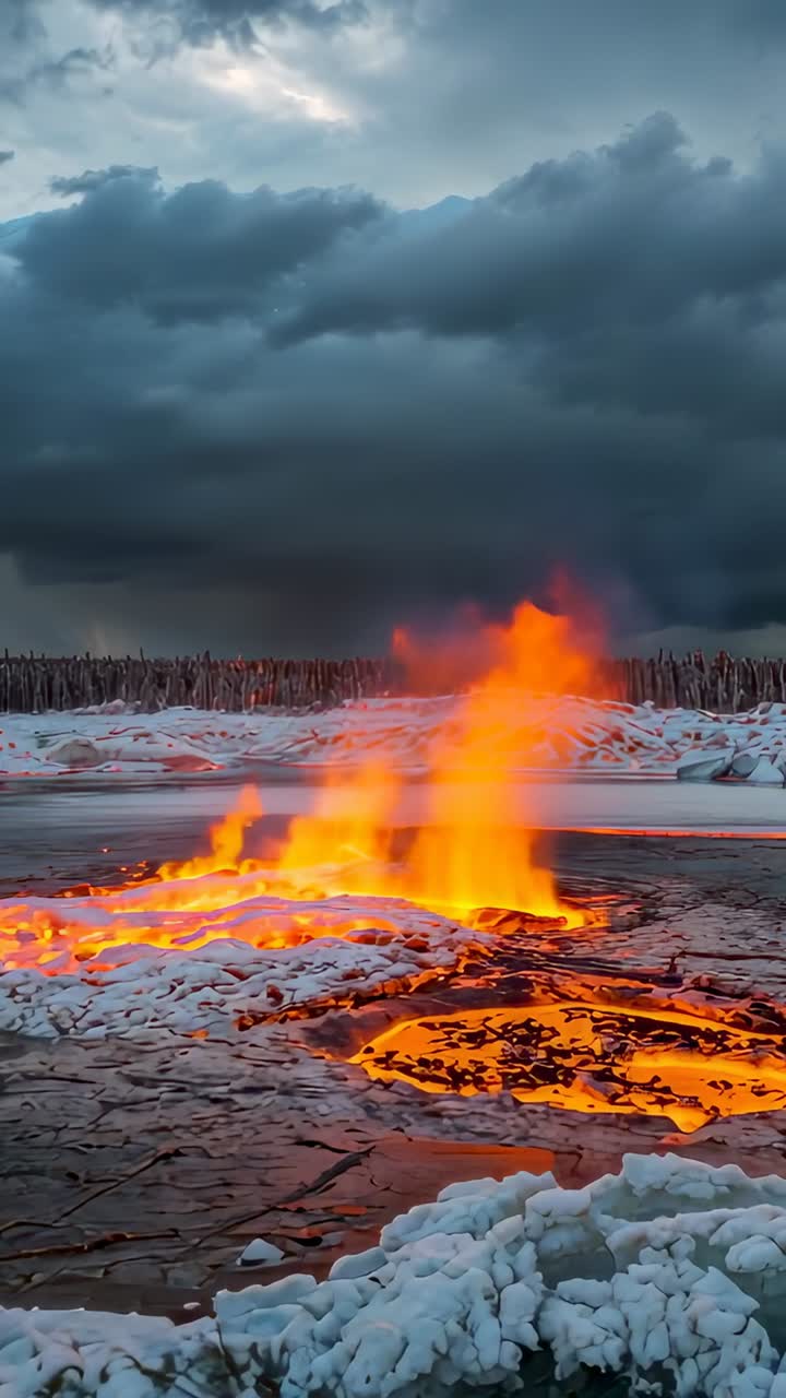 Vertical video: Erupting venting flame spreading molten pool on pond and revealing heat beneath ice