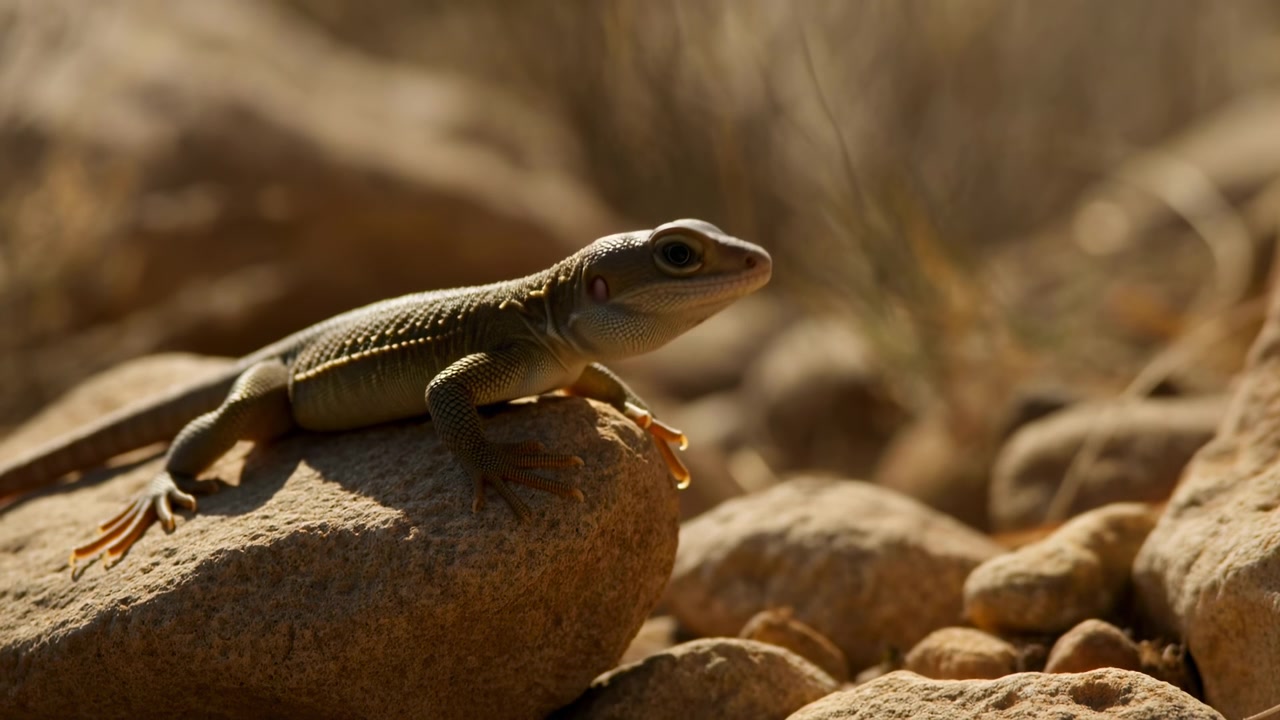 Green and brown lizard remains perched on rough stone while lifting its head and looking forward, with warm sunlight, scattered rocks, and dry grasses softly blurred behind.