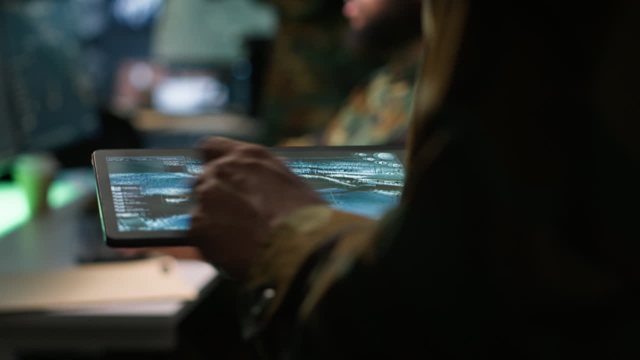 Army operative using tablet to intercept ballistic rockets