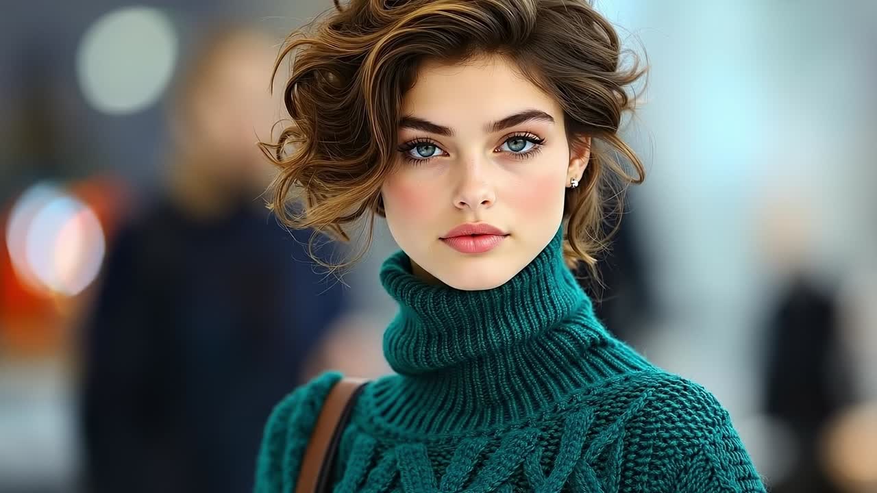 A woman in a green sweater is posing for a picture