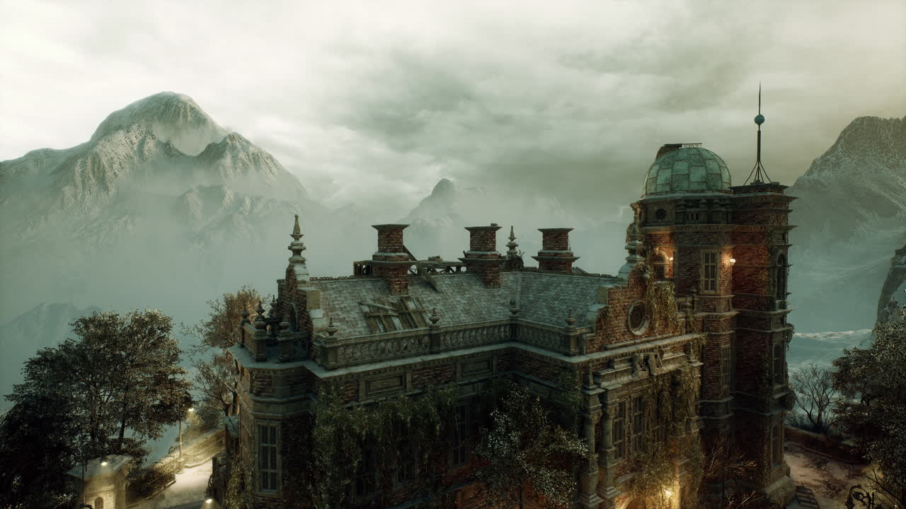 Dusk lights cast glow on castle set among snowcovered mountains and turrets