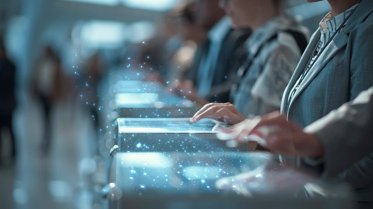 People interacting with futuristic touchscreens in a busy setting
