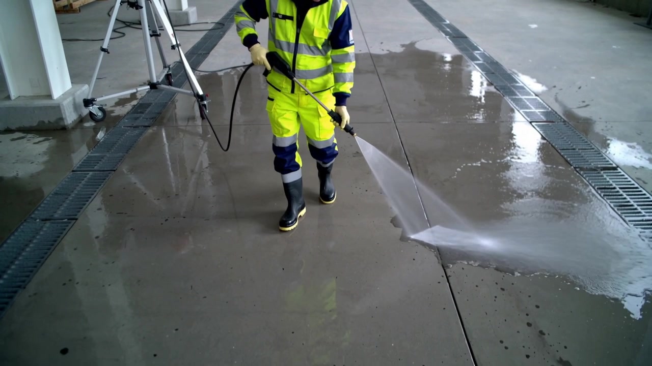 Powering washer, worker in hi-vis walking to camera in garage spraying floor for cleaning with wand