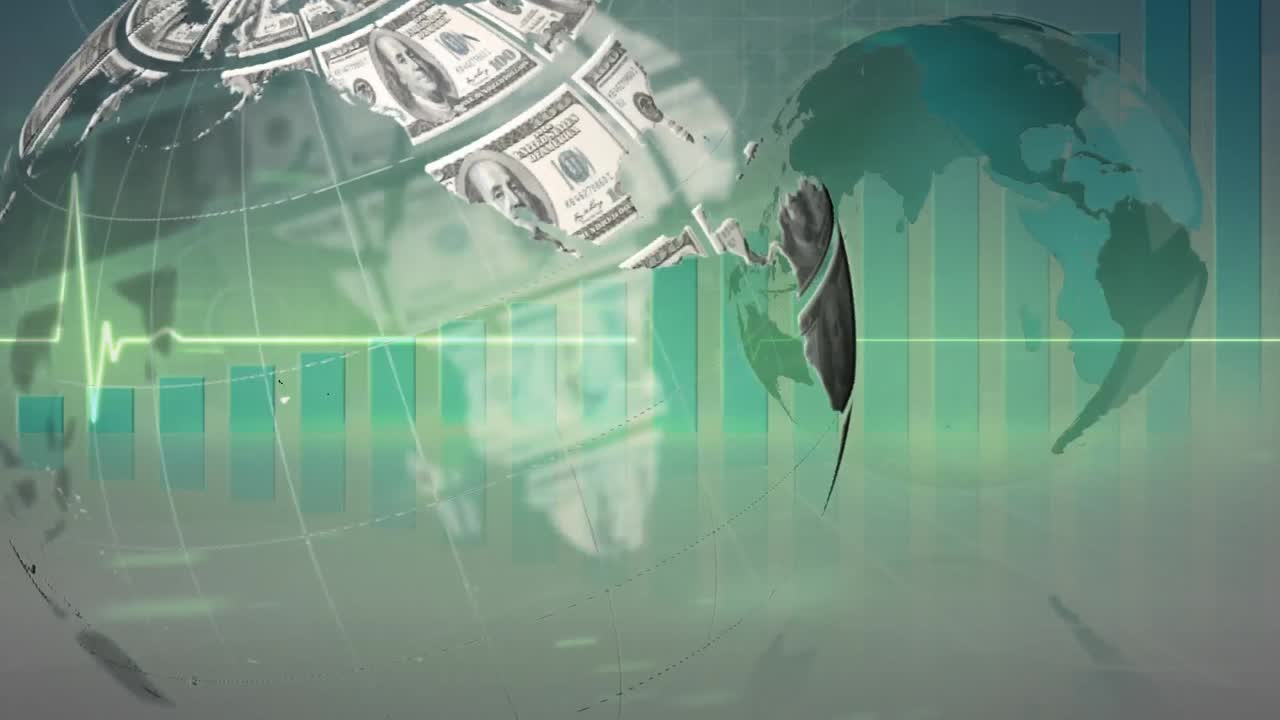 animación del globo del dólar girando sobre el gráfico, el monitor de ritmo cardíaco y el mapa del mundo, sobre fondo verde