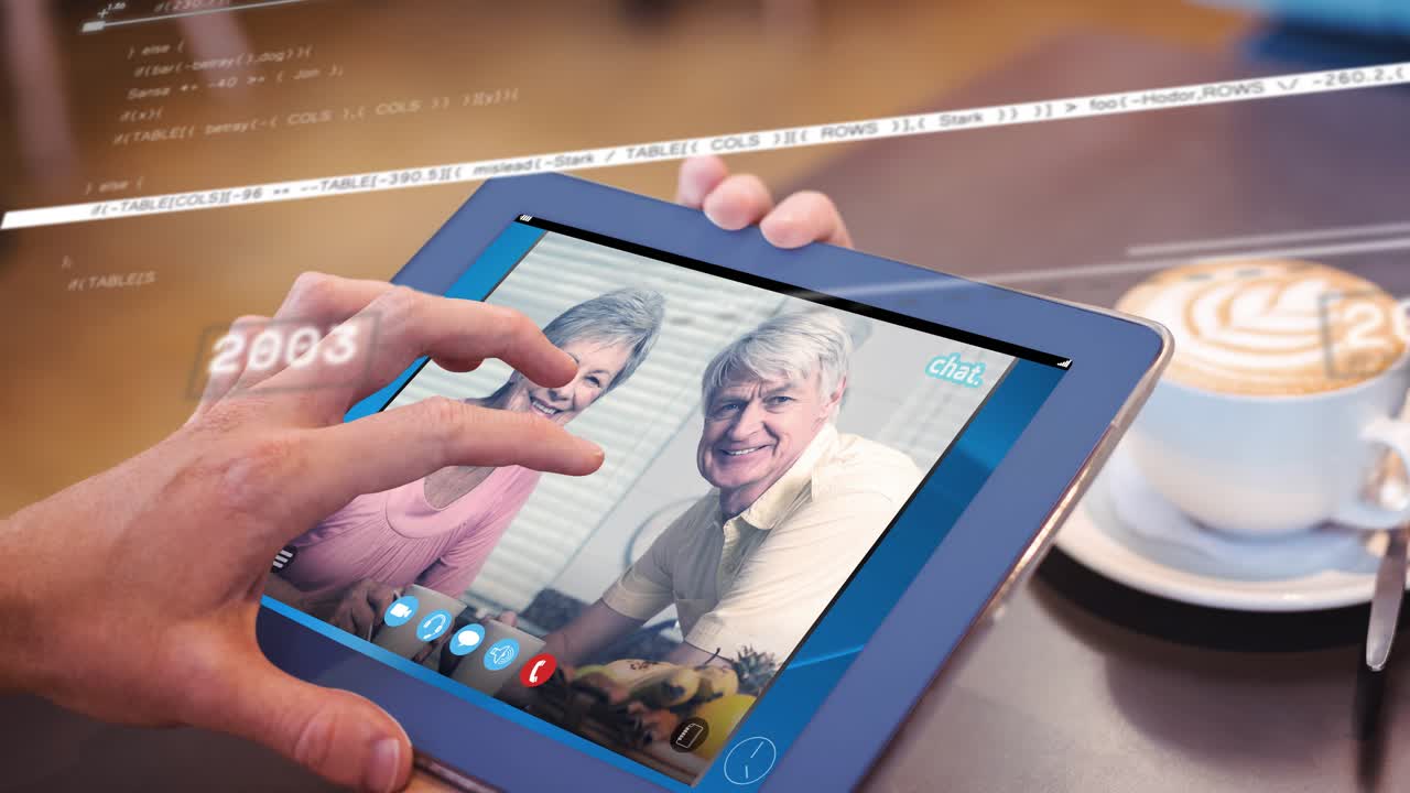 Finger swiping tablet screen generating floating timeline with year labels visualizing call history