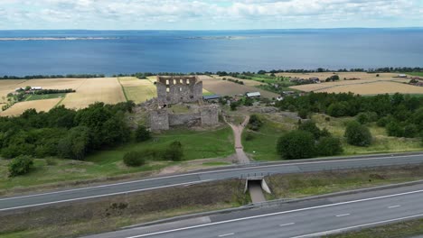 Aerial-of-the-Brahehus-Castle,-a-stone-castle-built-in-the-1600s,-Smaland,-Sweden