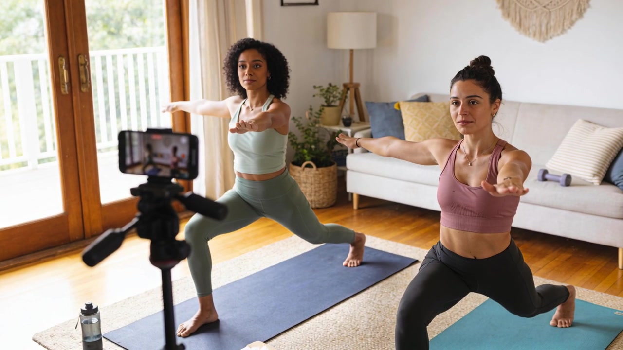 Starting smartphone recording, two women in sportswear doing lunge at home, tripod, mats for yoga