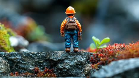 miniature construction worker exploring a rocky terrain landscape