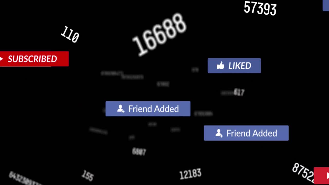 Animation of social media icons, numbers and text on black background