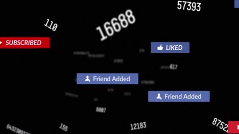 animación de iconos de redes sociales, números y texto sobre fondo negro