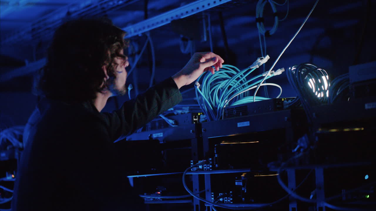 Man analysing cables in a data center