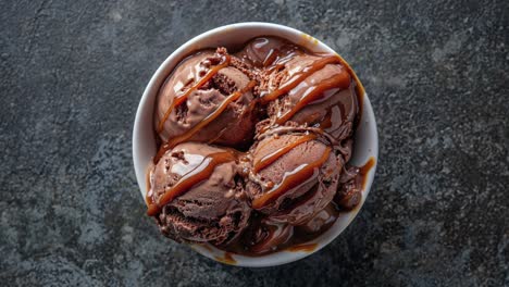 close-up of chocolate ice cream with caramel sauce