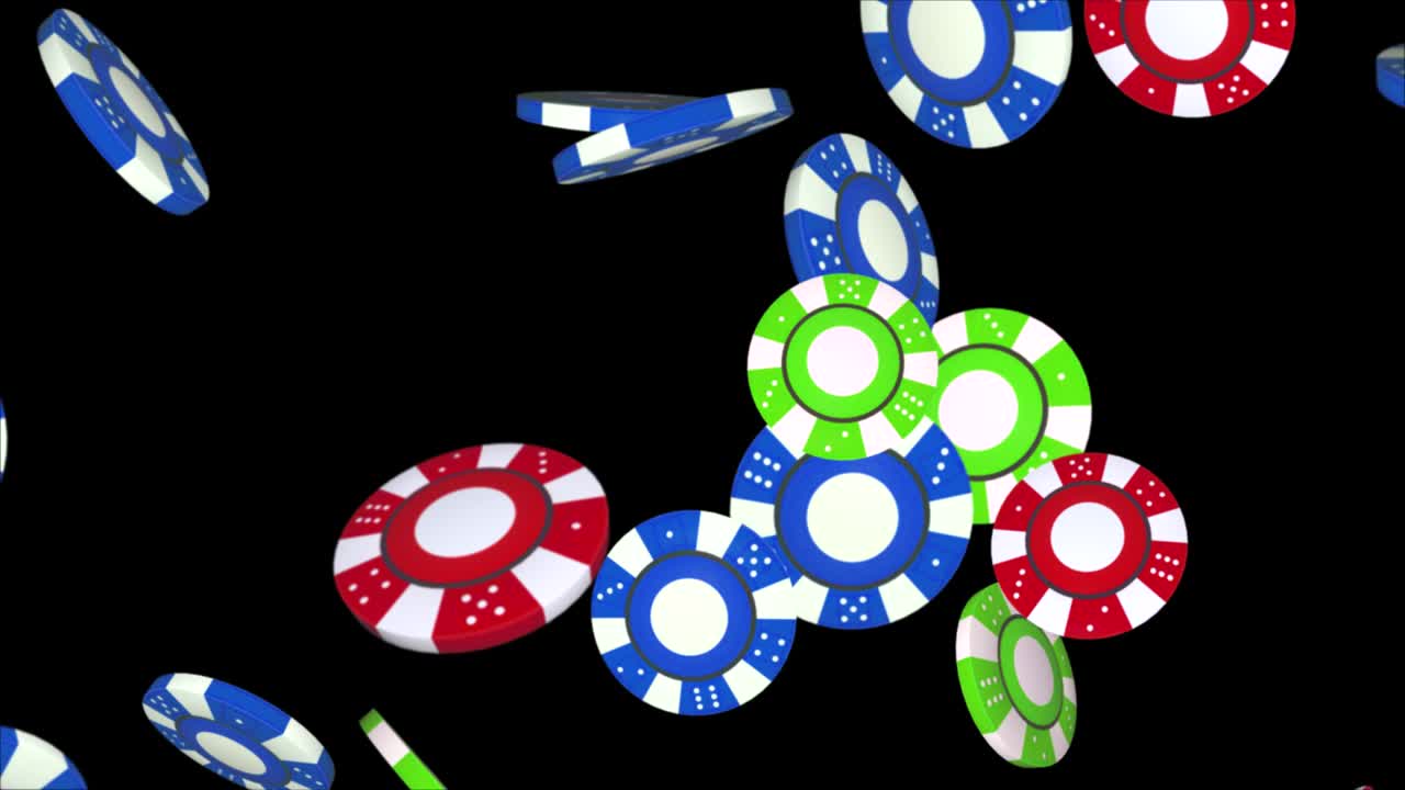 Golden casino chips fall from top on black background 4K 3D Alpha Green Screen loop Animation.,