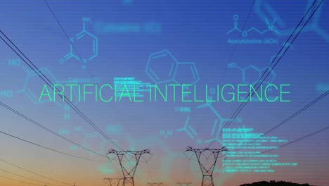 animación de texto de inteligencia artificial sobre pilones y procesamiento de datos.