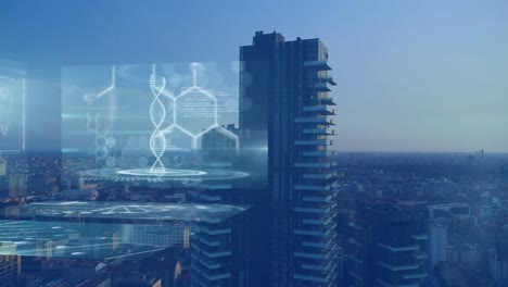 animación del procesamiento de datos e iconos sobre el paisaje urbano