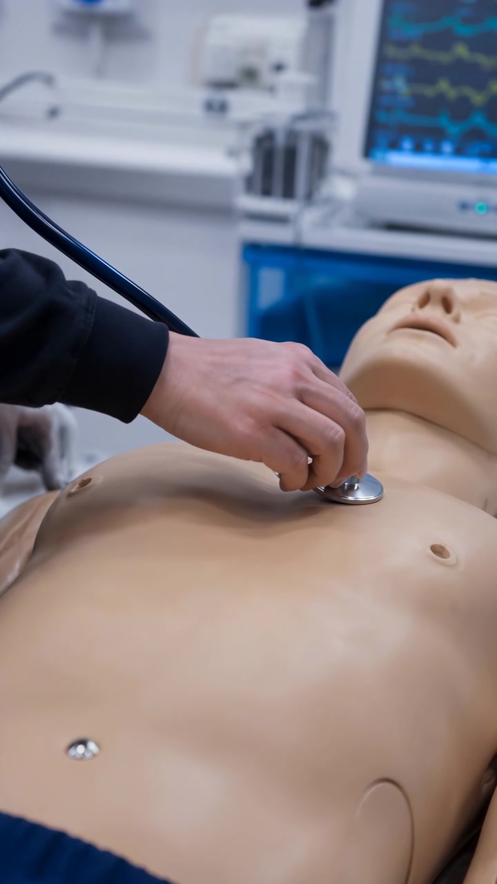 Nærbillede viser en hånd, der placerer og flytter et stetoskopmembran over brystet på en virkelighedstro træningsdukke, med klinisk udstyr blødt sløret i baggrunden.