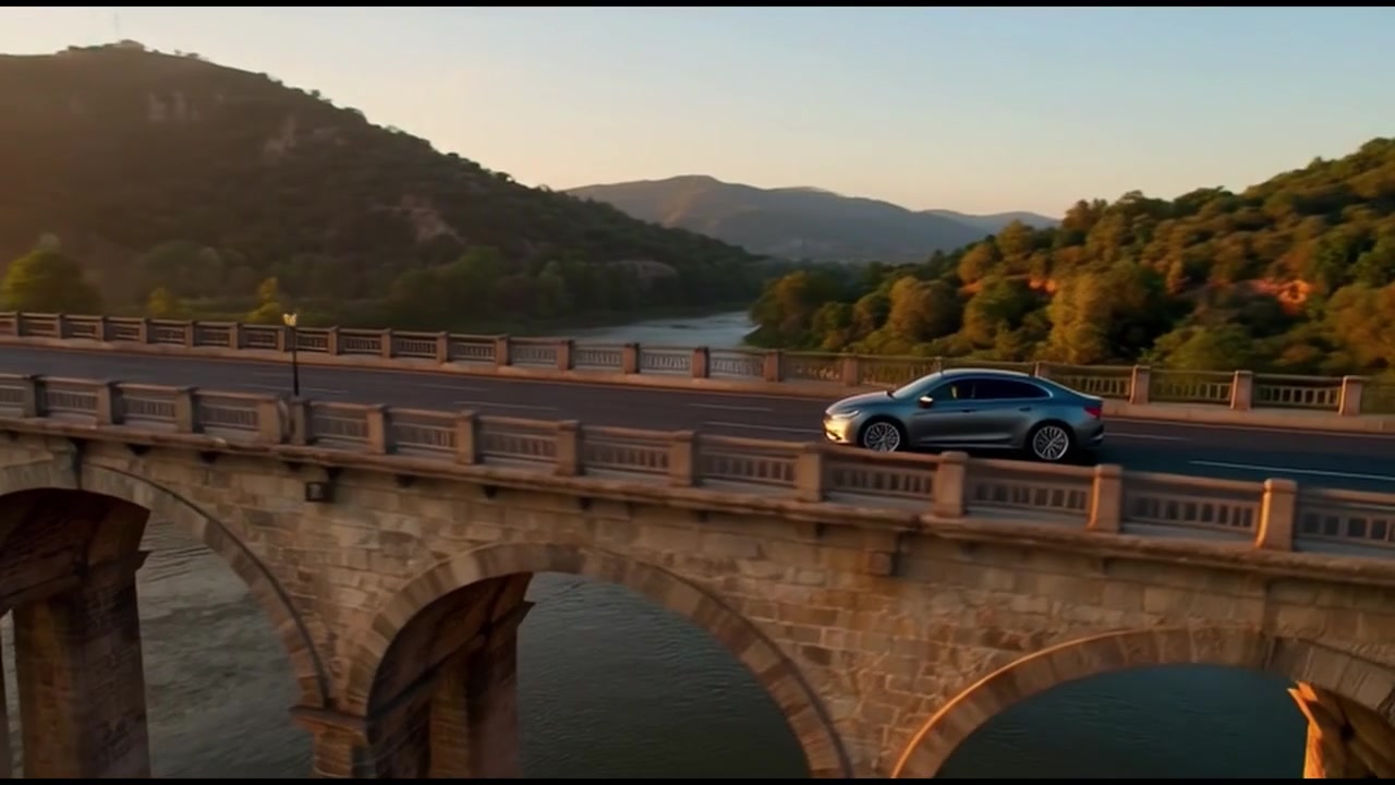 Berlina argentata che attraversa un antico ponte di pietra al tramonto.