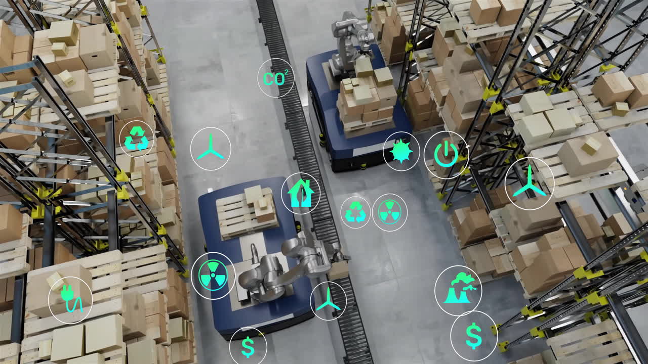 анимация икон экологии над машинами на складе