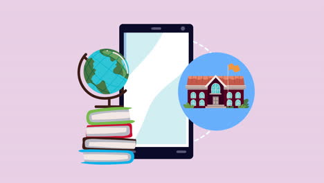 back to school animation with books and smartphone