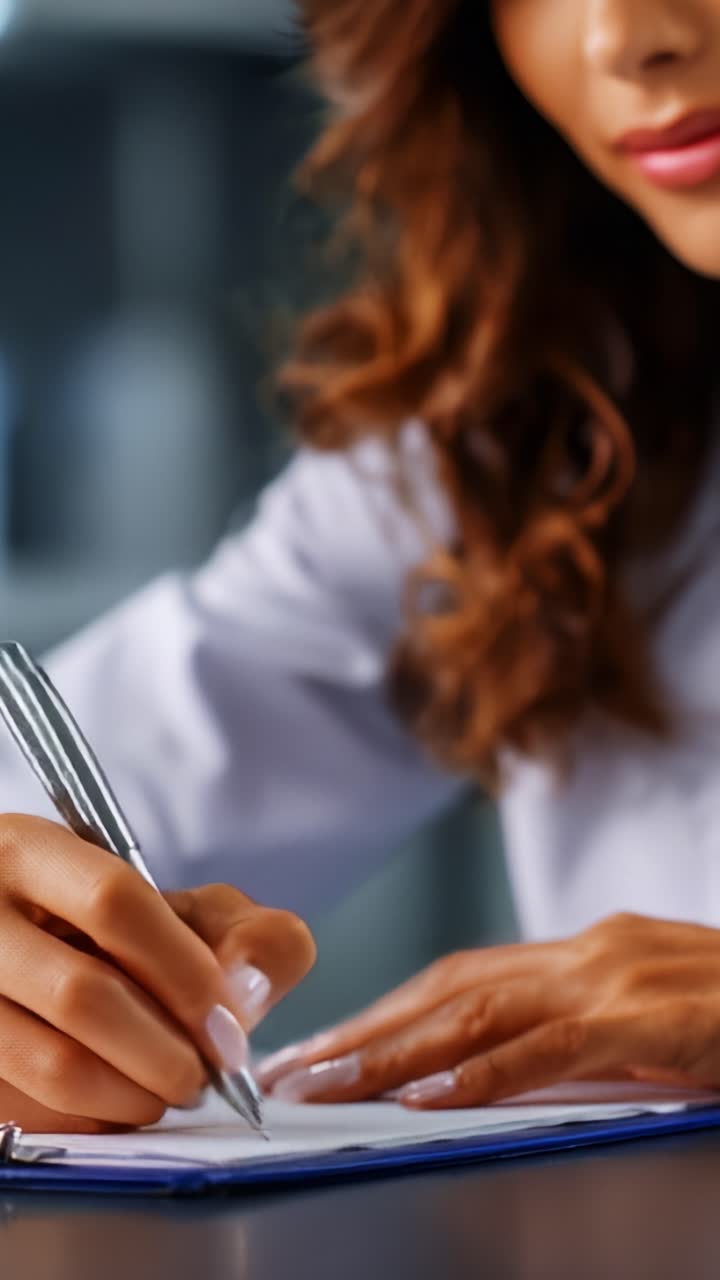 A Close-Up of a Woman's Hand Writing with a Pen on a Notepad, Showcasing the Art of Note-Taking and Documentation in a Professional Environment