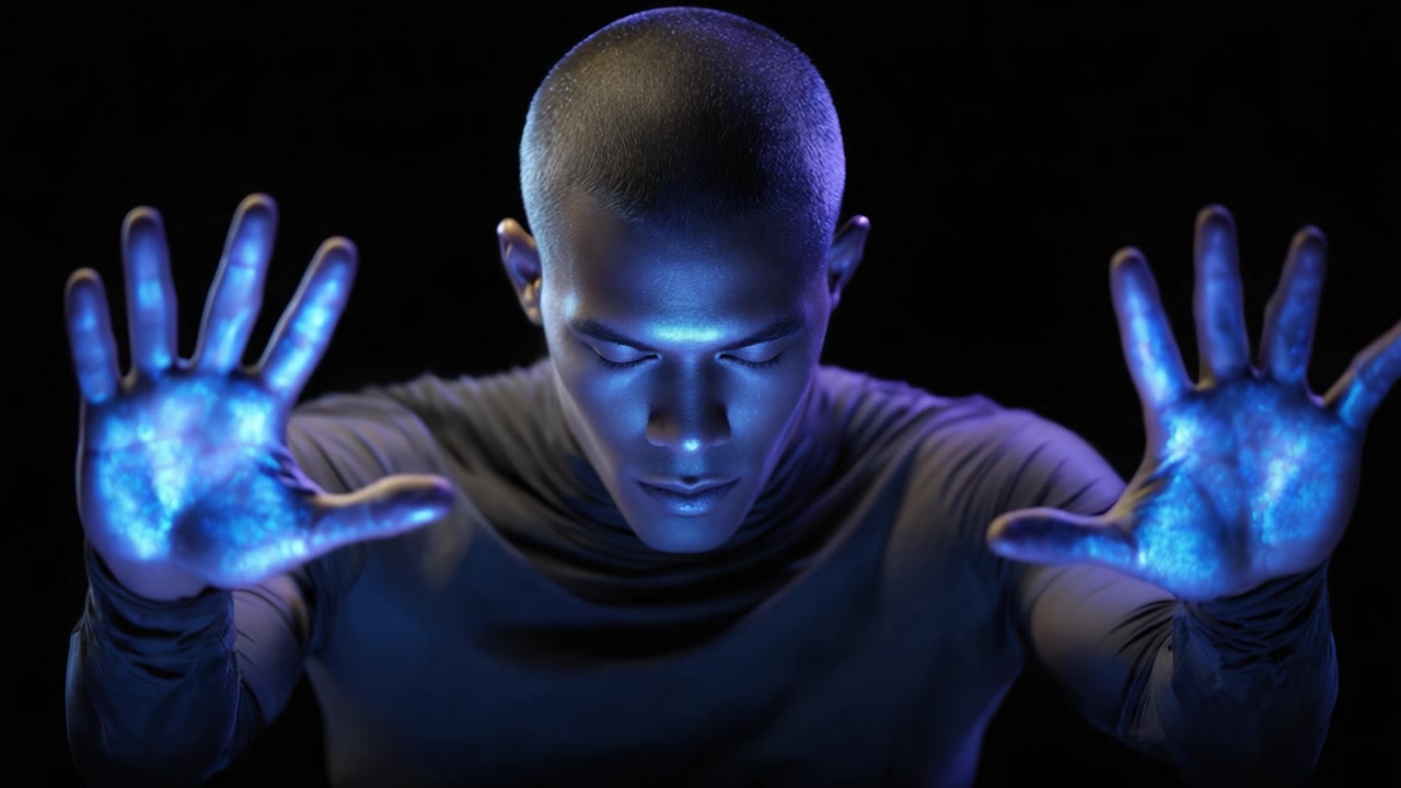 A man with illuminated hands stands in a dark environment, showcasing a mesmerizing glow that emphasizes focus and concentration in a dramatic visual presentation.