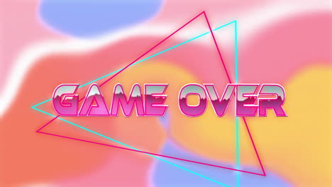 retro game over text glowing above pastel blur backdrop, with neon pink cyan triangles slicing