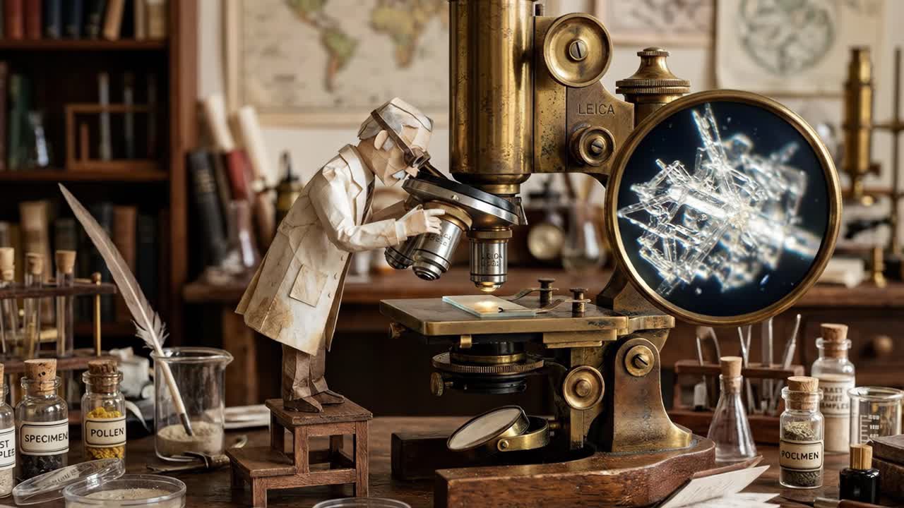 Vědec z papírové vystřihovánky zkoumá mikroskopické krystaly historickým mikroskopem