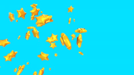 realistic 3d cartoon yellow stars flying and rotated on blue background. abstract bright concept for games or broadcast decoration. loop 3d animation.