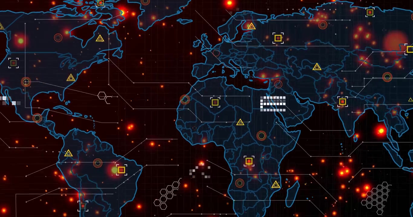 Blue map opening, overlays activating, nodes spreading, hex grids forming, visualizing global data