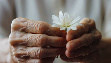 elderly hands gently holding a white flower