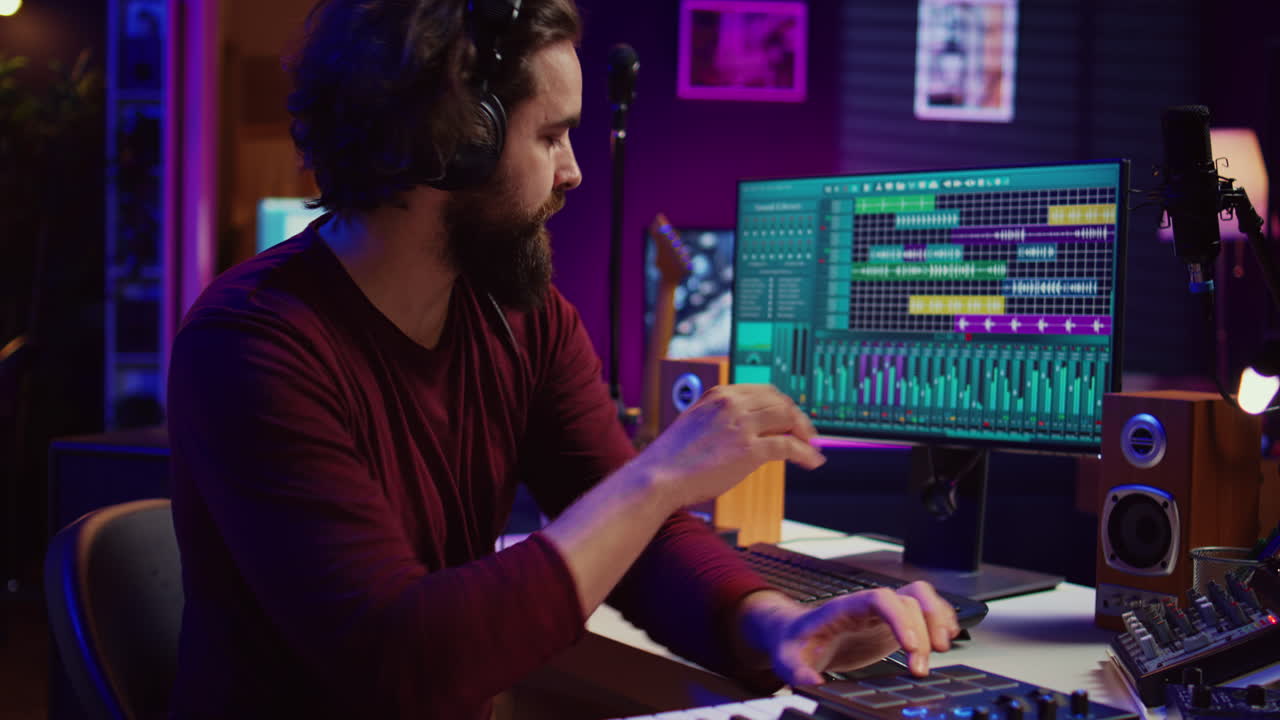 compositor de música que produce bandas sonoras utilizando controles de panel estéreo