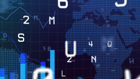 animación del procesamiento de datos financieros sobre estadísticas y mapa del mundo