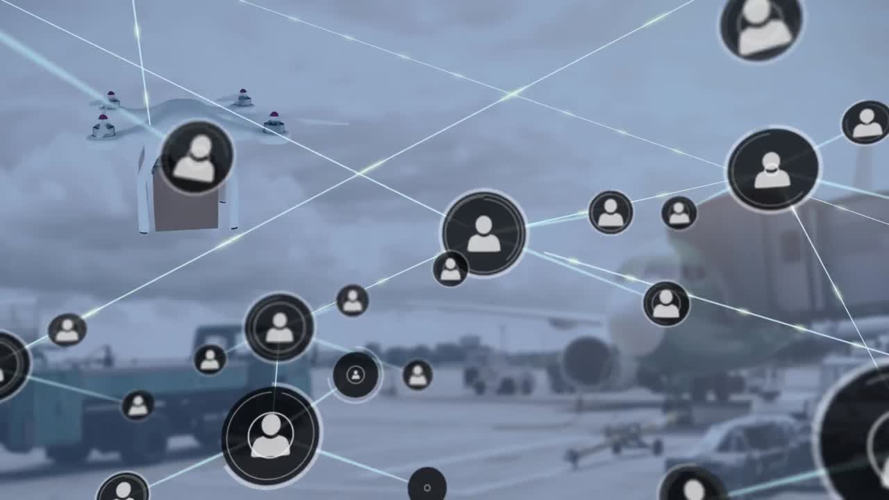 animación de la red de conexiones con iconos sobre drones que llevan paquetes