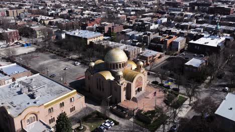 orbiting drone shot above ukrainian village orthodox church in chicago, illinois