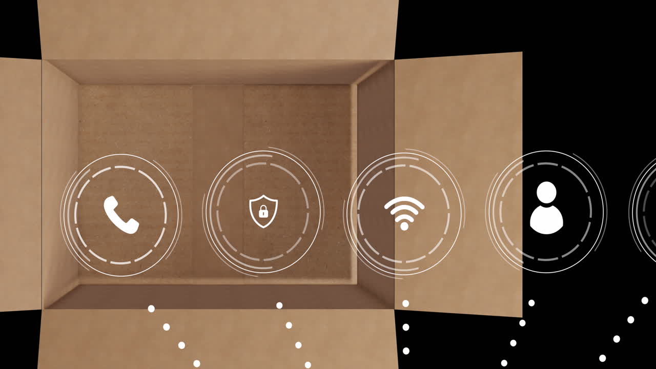 Animation of data processing with icons over cardboard box