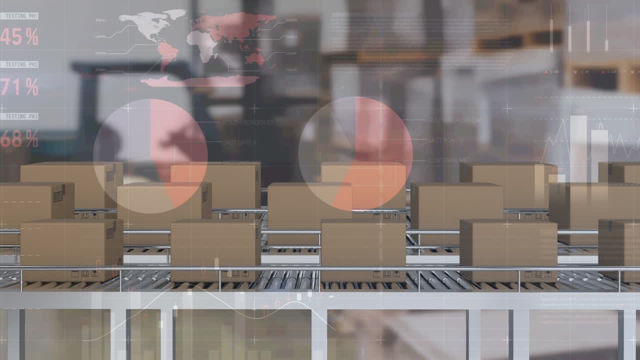 анимация статистики и обработка данных над картонными коробками на конвейерных лентах
