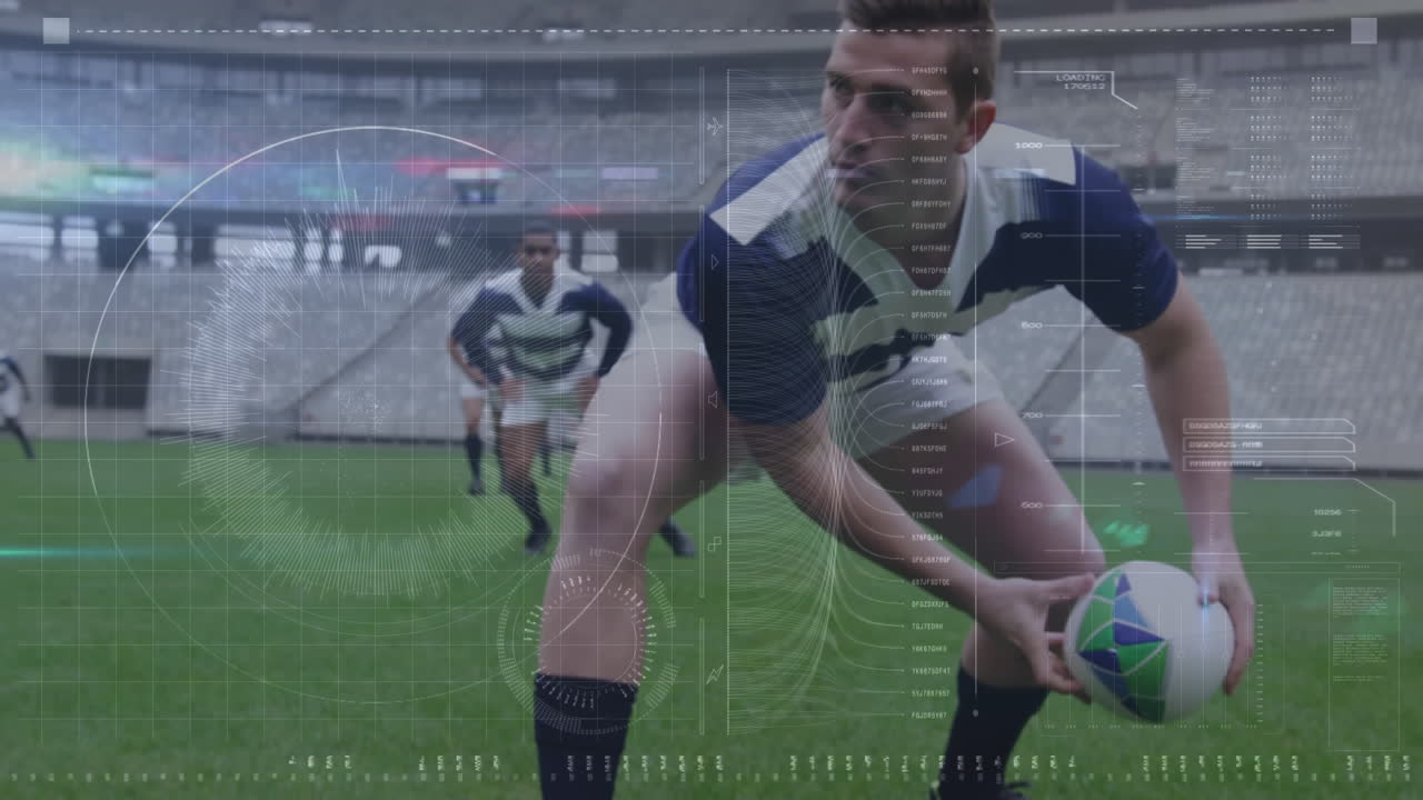 스포츠 경기장에서의 럭비 경기에 대한 데이터 처리 애니메이션