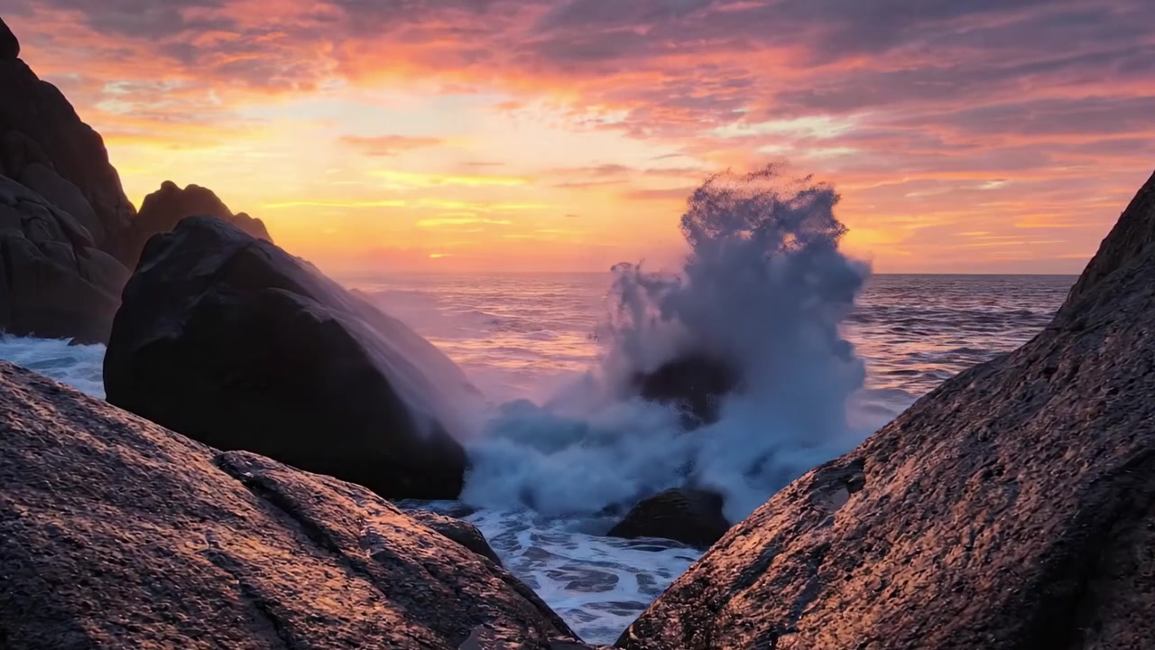 Una scena costiera mozzafiato al tramonto, con onde drammatiche che si infrangono contro rocce frastagliate e un cielo colorato che passa dal giorno alla notte.