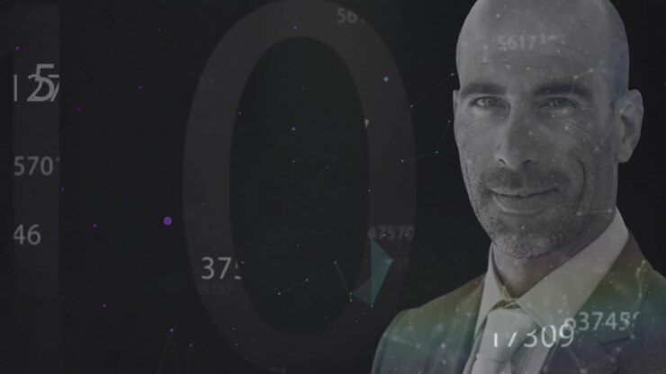 Multiple numbers changing over man smiling against network of connections