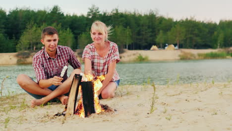 friends of a man and a woman are sitting around the campfire roast marshmallows on sticks against th