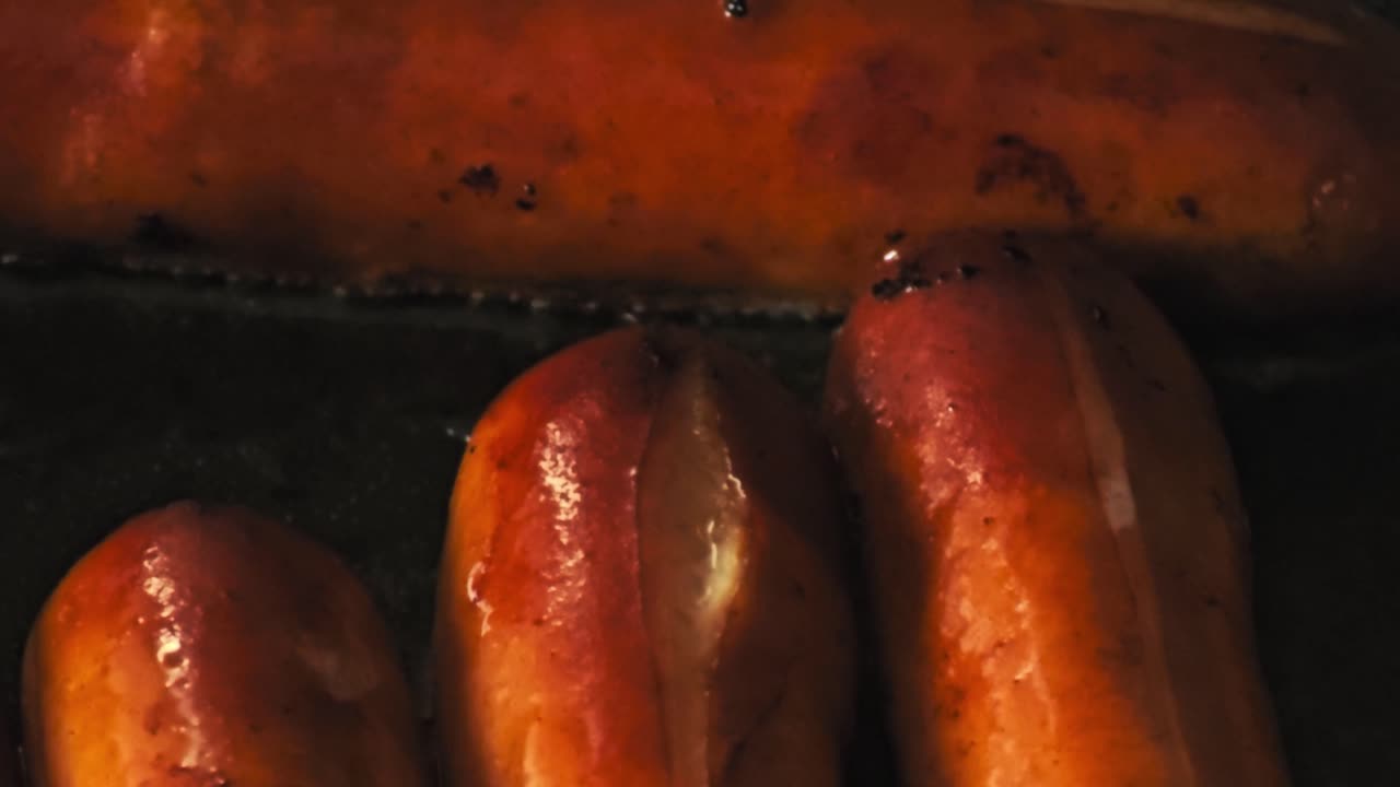 Vídeo gravado à mão de close-up de salsichas sendo cozidas na frigideira, uma imagem muito aproximada de comida preparada.