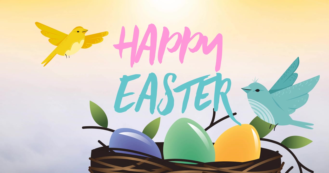 Animation of happy easter text with decorated easter eggs and two flying birds on yellow background