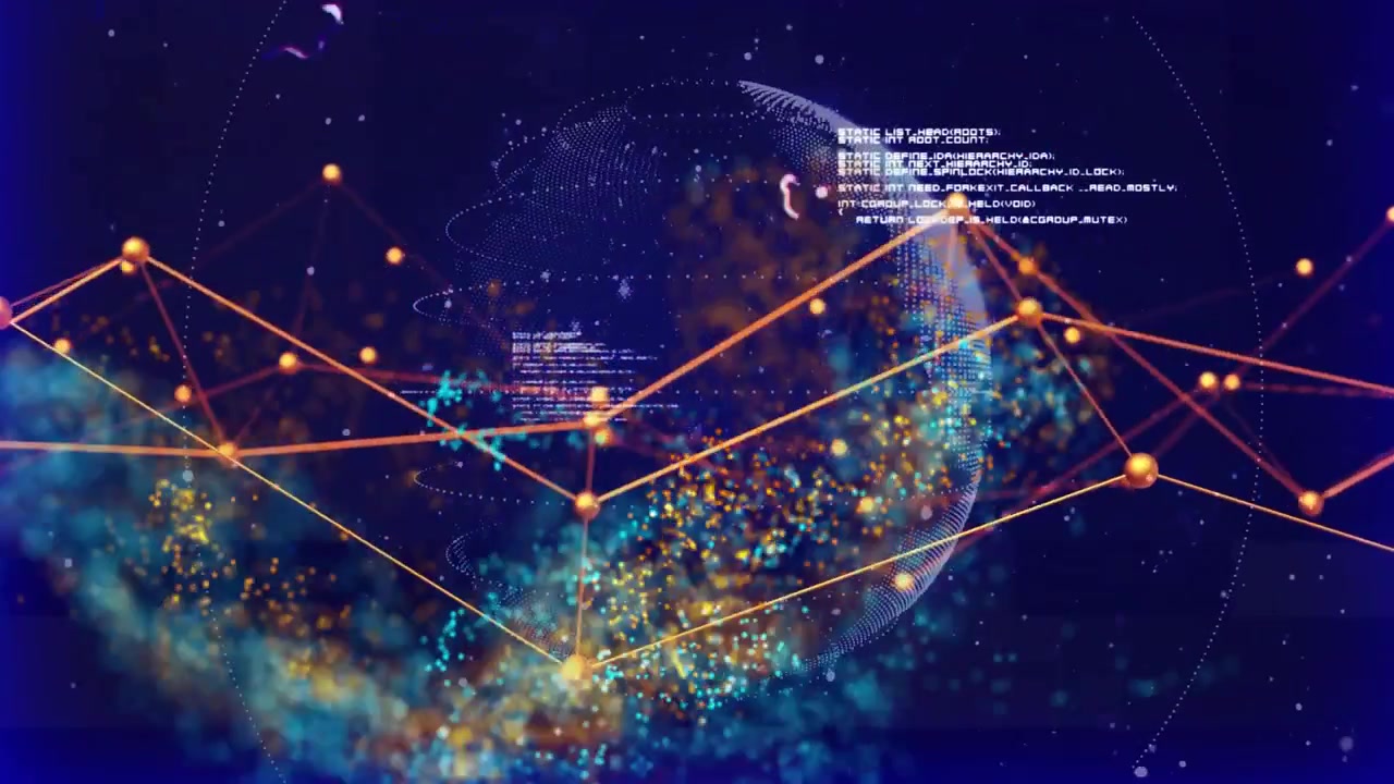 Swarm cloud starting drift, dotted globe turning, orange mesh shifting, code visualizing tech data