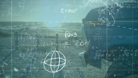 mathematical equations and scientific formulas animation over person standing on beach