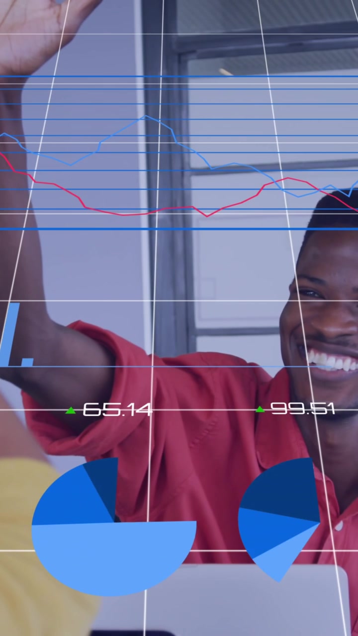 Animation of data processing over diverse business people in office